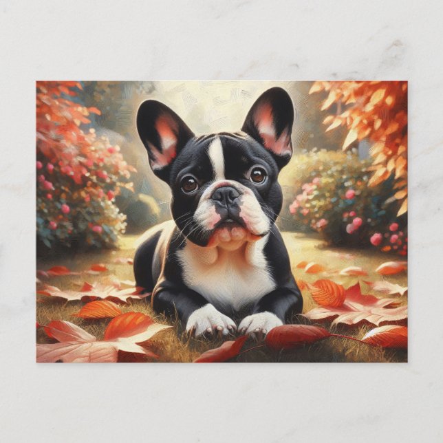 French Bulldog Autumn Leaves Art Postcard (Front)