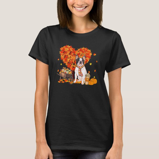 French Bulldog Autumn Tree Fall Leaves Pumpkin Dog T-Shirt (Front)