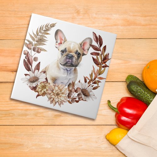 French Bulldog Autumn Wreath Ceramic Tile