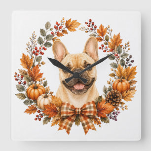French Bulldog Autumn Wreath Square Wall Clock