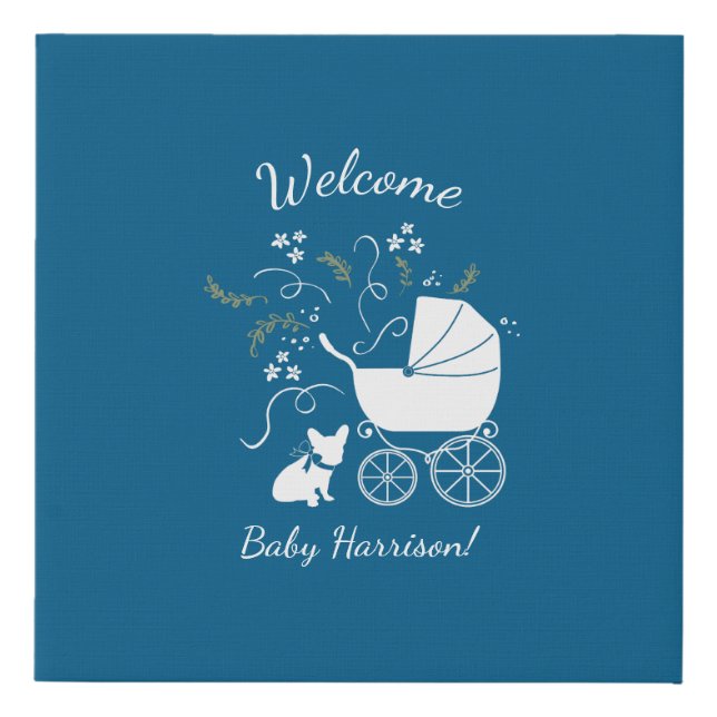 French Bulldog Baby Shower Frenchy Frenchie Blue Faux Canvas Print (Front)