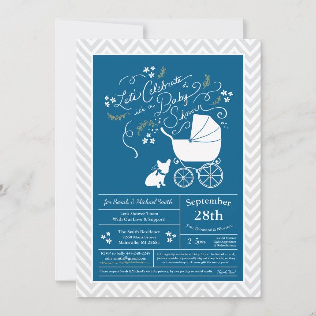 French Bulldog Baby Shower Frenchy Frenchie Blue Invitation (Front)