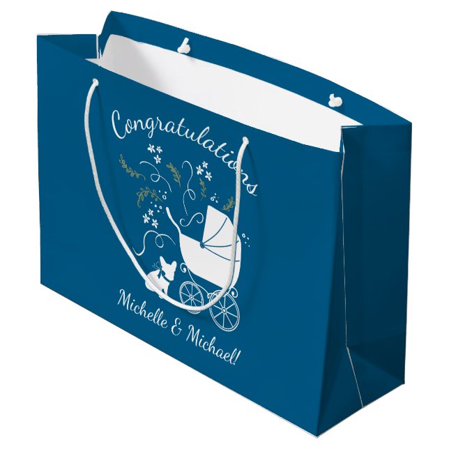 French Bulldog Baby Shower Frenchy Frenchie Blue Large Gift Bag (Back Angled)
