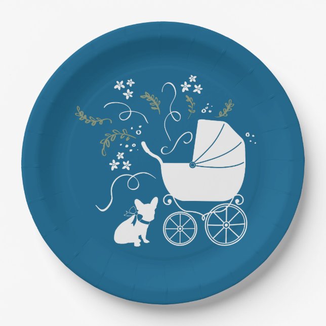 French Bulldog Baby Shower Frenchy Frenchie Blue Paper Plates (Front)