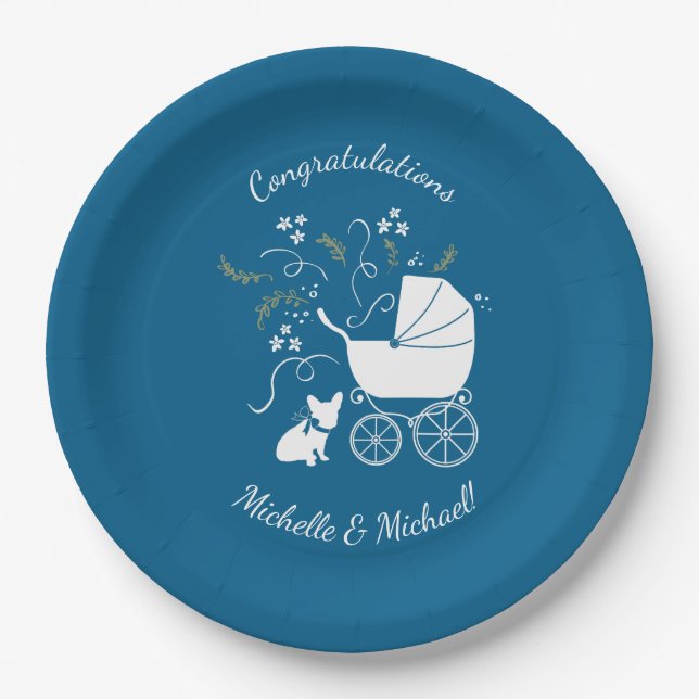 French Bulldog Baby Shower Frenchy Frenchie Blue Paper Plates (Front)