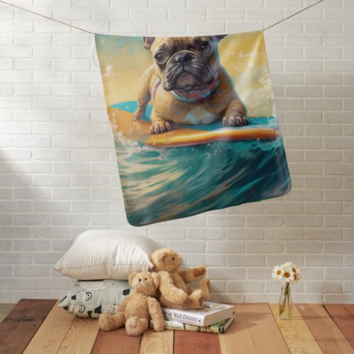French Bulldog Beach Surfing Painting  Baby Blanket