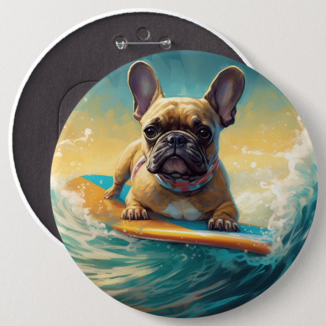 French Bulldog Beach Surfing Painting  Button (Front & Back)