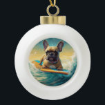 French Bulldog Beach Surfing Painting  Ceramic Ball Christmas Ornament<br><div class="desc">Immerse yourself in the playful world of canine adventure with this captivating painting. A spirited dog takes to the waves, skillfully riding the surf on a sun-kissed beach. The vibrant artwork beautifully captures the essence of beachside excitement as the dog fearlessly rides the waves, embodying the spirit of fun and...</div>