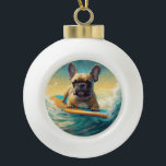French Bulldog Beach Surfing Painting  Ceramic Ball Christmas Ornament<br><div class="desc">Immerse yourself in the playful world of canine adventure with this captivating painting. A spirited dog takes to the waves, skillfully riding the surf on a sun-kissed beach. The vibrant artwork beautifully captures the essence of beachside excitement as the dog fearlessly rides the waves, embodying the spirit of fun and...</div>