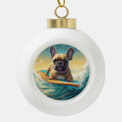 French Bulldog Beach Surfing Painting  Ceramic Ball Christmas Ornament