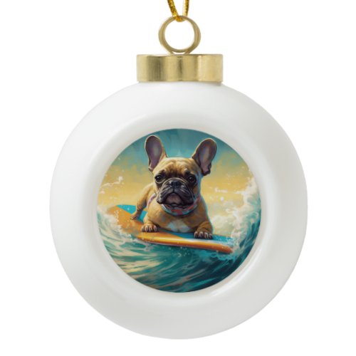 French Bulldog Beach Surfing Painting  Ceramic Ball Christmas Ornament