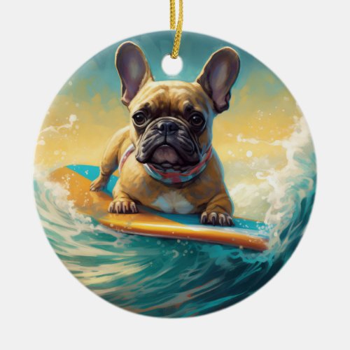 French Bulldog Beach Surfing Painting  Ceramic Ornament