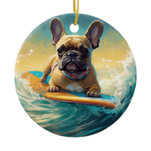 French Bulldog Beach Surfing Painting  Ceramic Ornament