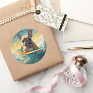 French Bulldog Beach Surfing Painting Classic Round Sticker
