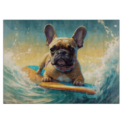 French Bulldog Beach Surfing Painting  Cutting Board