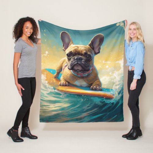 French Bulldog Beach Surfing Painting  Fleece Blanket