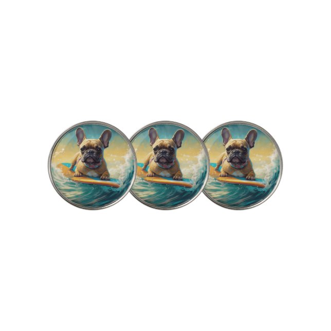 French Bulldog Beach Surfing Painting  Golf Ball Marker (3 Up)