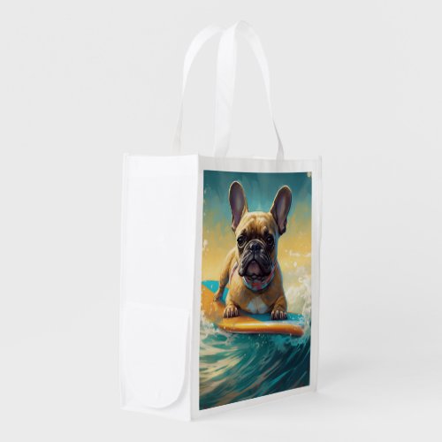 French Bulldog Beach Surfing Painting  Grocery Bag