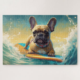 French Bulldog Beach Surfing Painting Jigsaw Puzzle