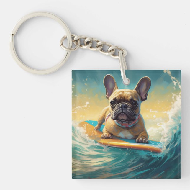French Bulldog Beach Surfing Painting  Keychain (Front)