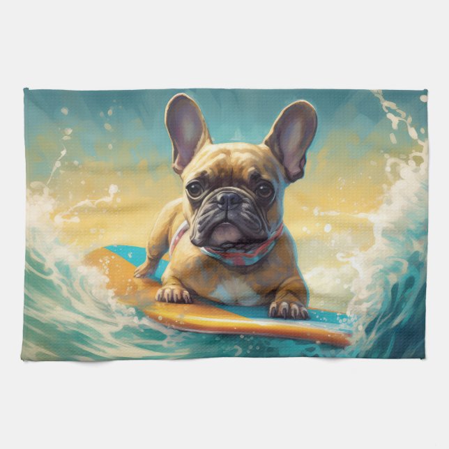 French Bulldog Beach Surfing Painting  Kitchen Towel (Horizontal)
