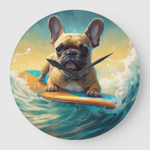 French Bulldog Beach Surfing Painting  Large Clock