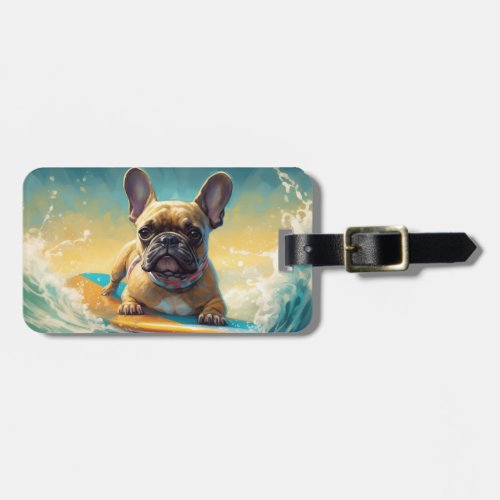 French Bulldog Beach Surfing Painting  Luggage Tag