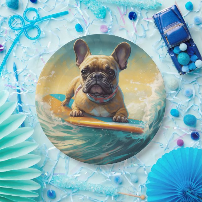 French Bulldog Beach Surfing Painting  Paper Plates (Party)