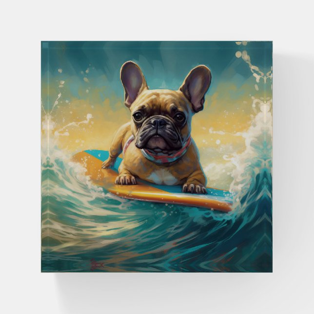 French Bulldog Beach Surfing Painting  Paperweight (Front)