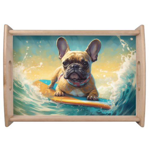 French Bulldog Beach Surfing Painting  Serving Tray