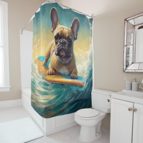 French Bulldog Beach Surfing Painting  Shower Curtain