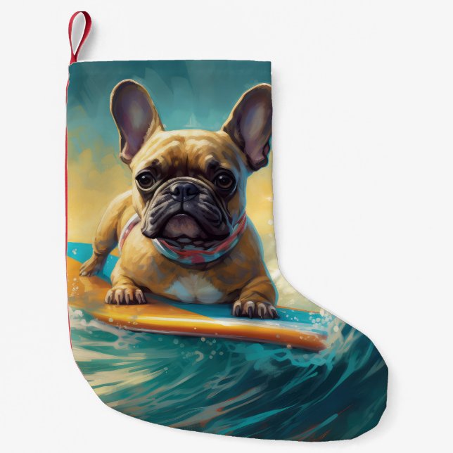 French Bulldog Beach Surfing Painting  Small Christmas Stocking (Front)