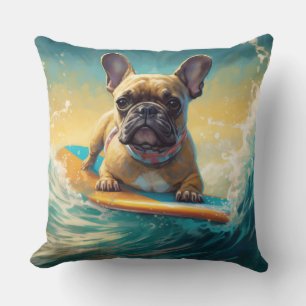 French Bulldog Beach Surfing Painting  Throw Pillow