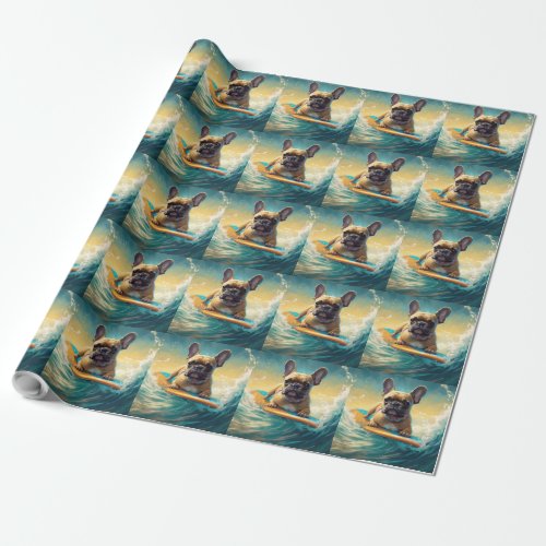 French Bulldog Beach Surfing Painting  Wrapping Paper
