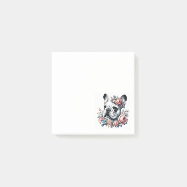 French Bulldog Black and White Floral Post-it Notes (Front)