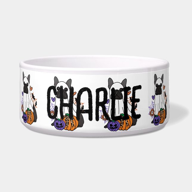 French Bulldog Black Halloween Ghost Dog Bowl (Front)