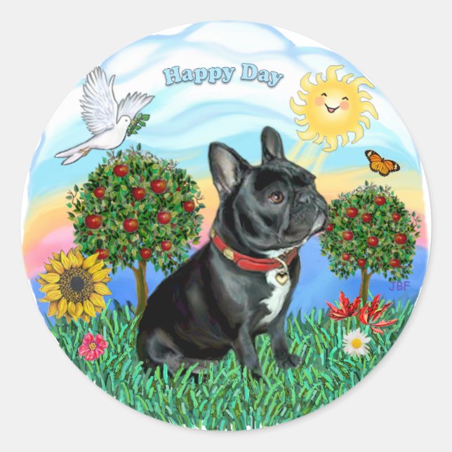 French Bulldog (black-red collar) Classic Round Sticker (Front)