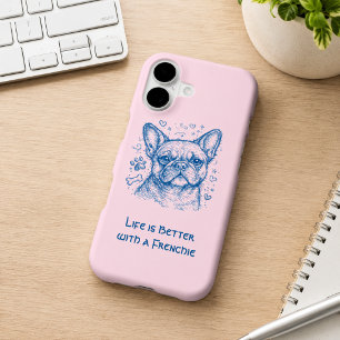 French Bulldog blue lineart doodle frenchie pink iPhone 17 Case
