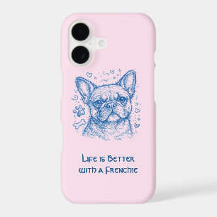 French Bulldog blue lineart doodle frenchie pink iPhone 17 Case