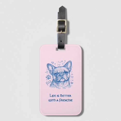 French Bulldog blue lineart doodle frenchie pink Luggage Tag
