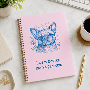 French Bulldog blue lineart doodle frenchie pink Notebook