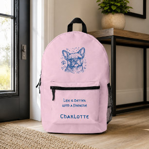 French Bulldog blue lineart doodle frenchie pink Printed Backpack