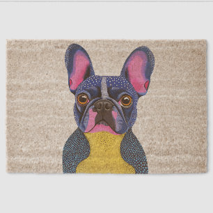 French Bulldog Blue Yellow and Pink Art Fiber Doormat