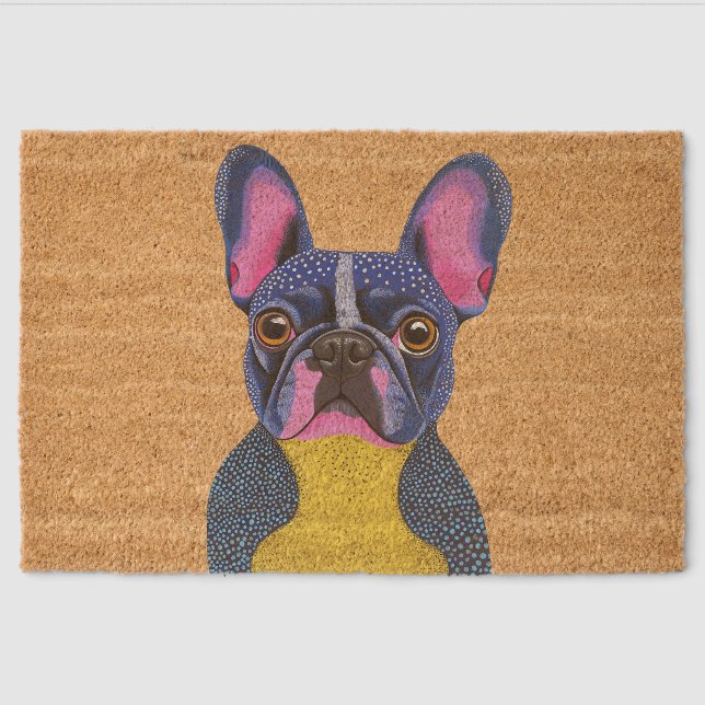 French Bulldog Blue Yellow and Pink Art  Fiber Doormat (Front)