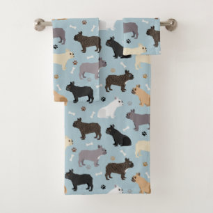 French Bulldog Bones and Paws Blue Bath Towel Set