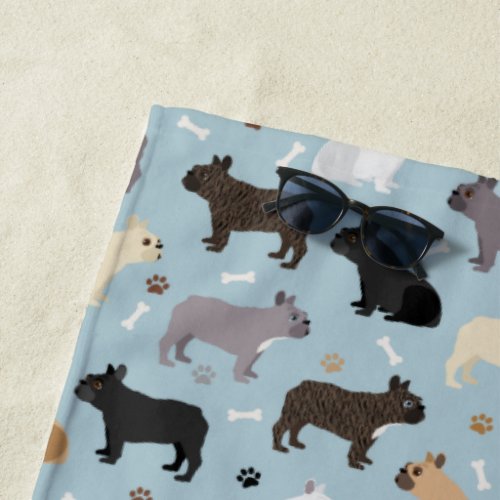 French Bulldog Bones and Paws Blue Beach Towel