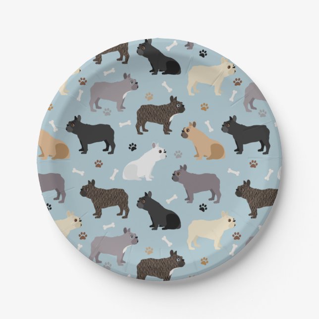 French Bulldog Bones and Paws Blue Paper Plates (Front)