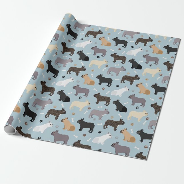 French Bulldog Bones and Paws Blue Wrapping Paper (Unrolled)