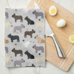 French Bulldog Bones and Paws Gray Kitchen Towel<br><div class="desc">Cute French Bulldog with with black,  fawn,  white,  gray and brindle coat colors,  pawprints and dog bones on a light Gray background.</div>