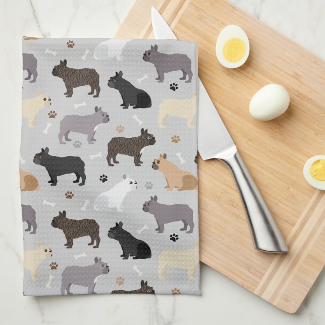 French Bulldog Bones and Paws Gray Kitchen Towel (Quarter Fold)